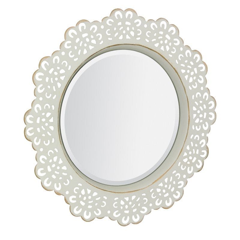 Elegant Round 15'' Gold and Off-White Metal Lace Accent Mirror