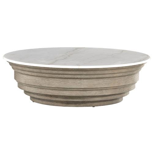 Caldwell Round White Marble and Brown Pine Coffee Table