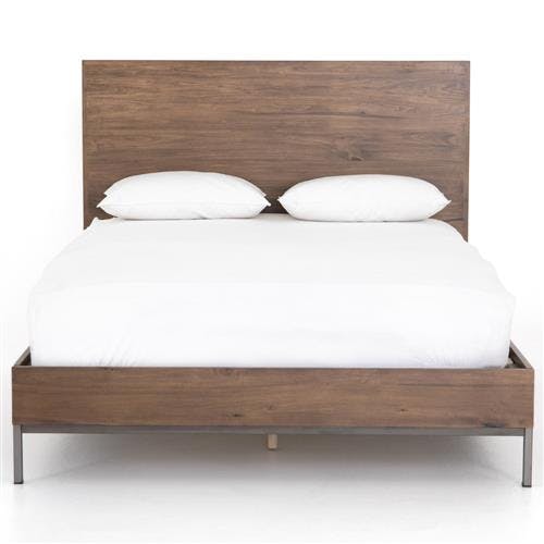 Contemporary Auburn Poplar & Iron King Panel Bed with Wood Headboard