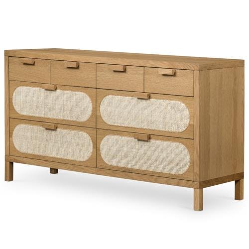 Alder 8-Drawer Light Wood Cane Dresser
