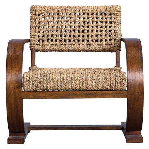 Ruby Global Bazaar Carved Teak Veneer Wood Brown Woven Seat Arm Chair