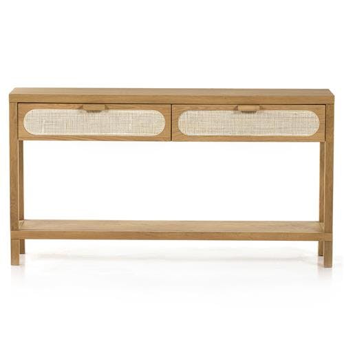Marcy 60" Light Brown Oak and Natural Woven Cane Console Table