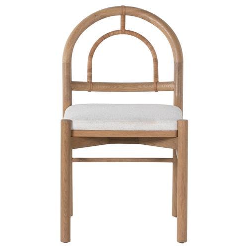 Contemporary Burnished Oak and Cane Side Chair with Linen Upholstery