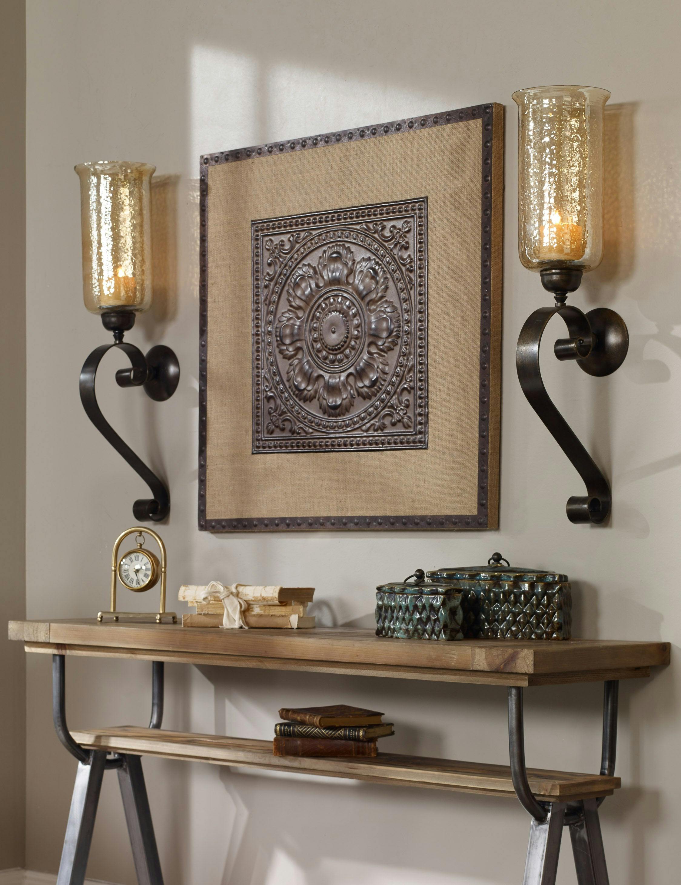 Antiqued Bronze Hand-Forged Iron and Amber Glass Candle Wall Sconce