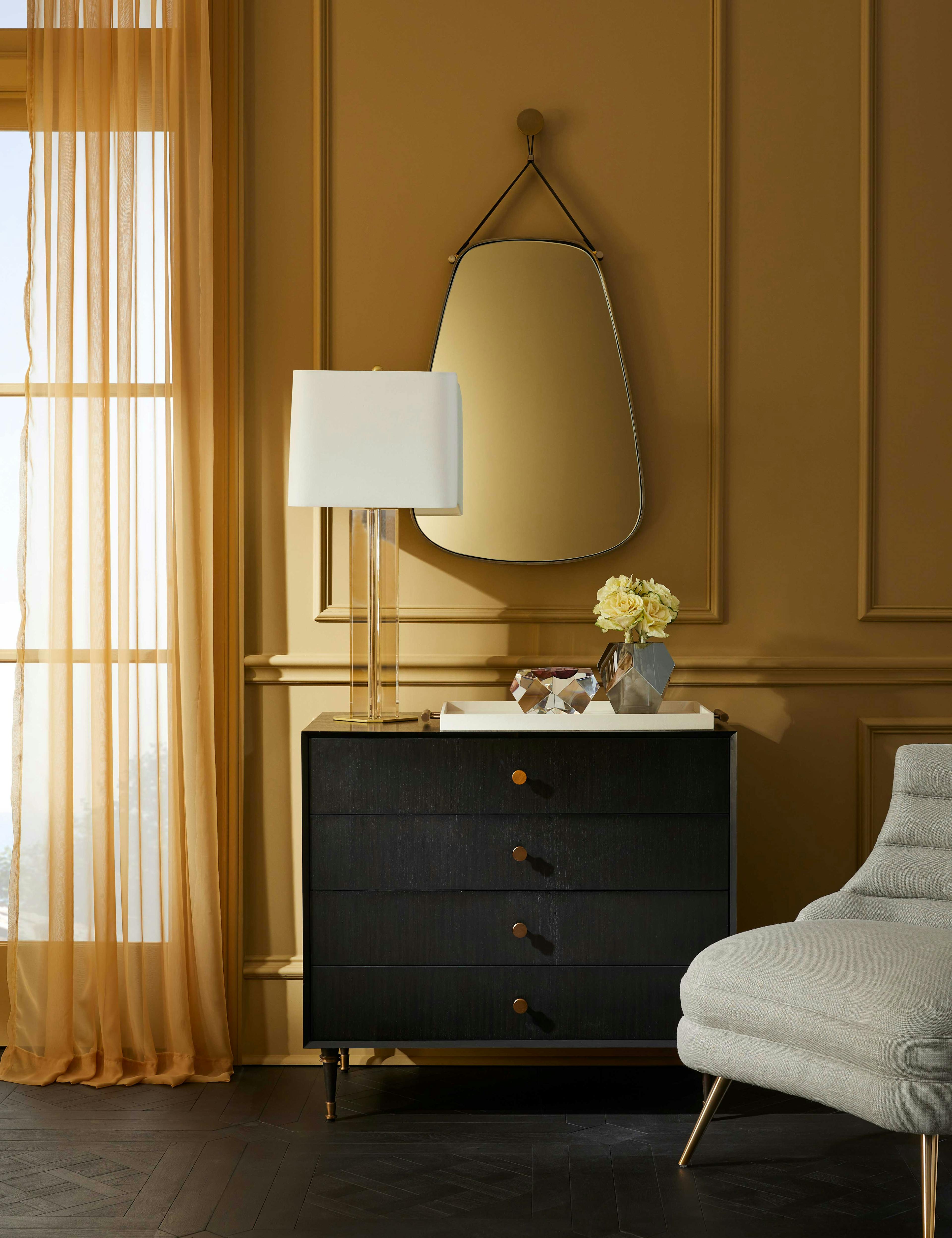 Elegant Rectangular Gold Leather-Strap Bathroom Mirror