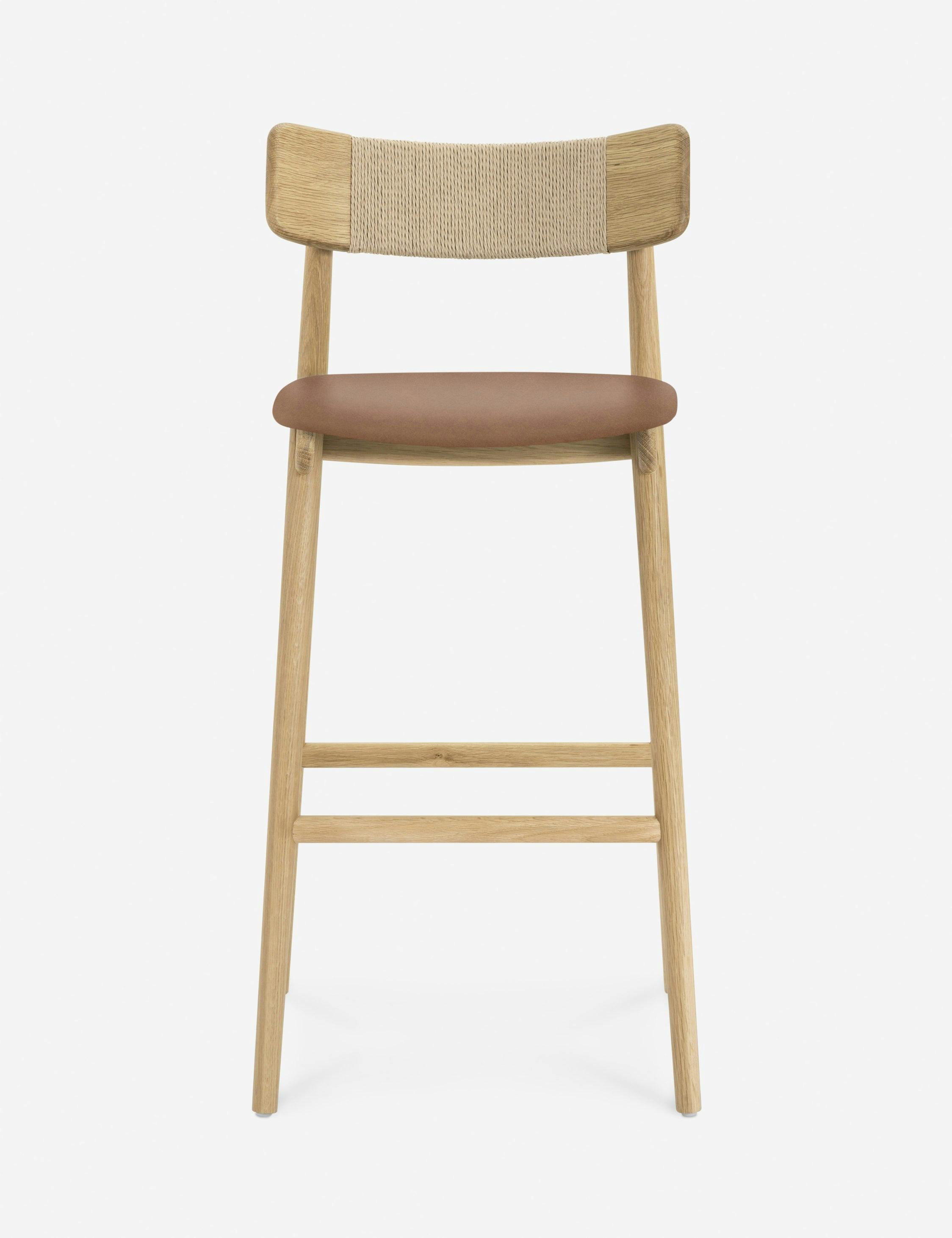 Scandinavian Natural Oak and Leather Bar Stool with Danish Cord Detail