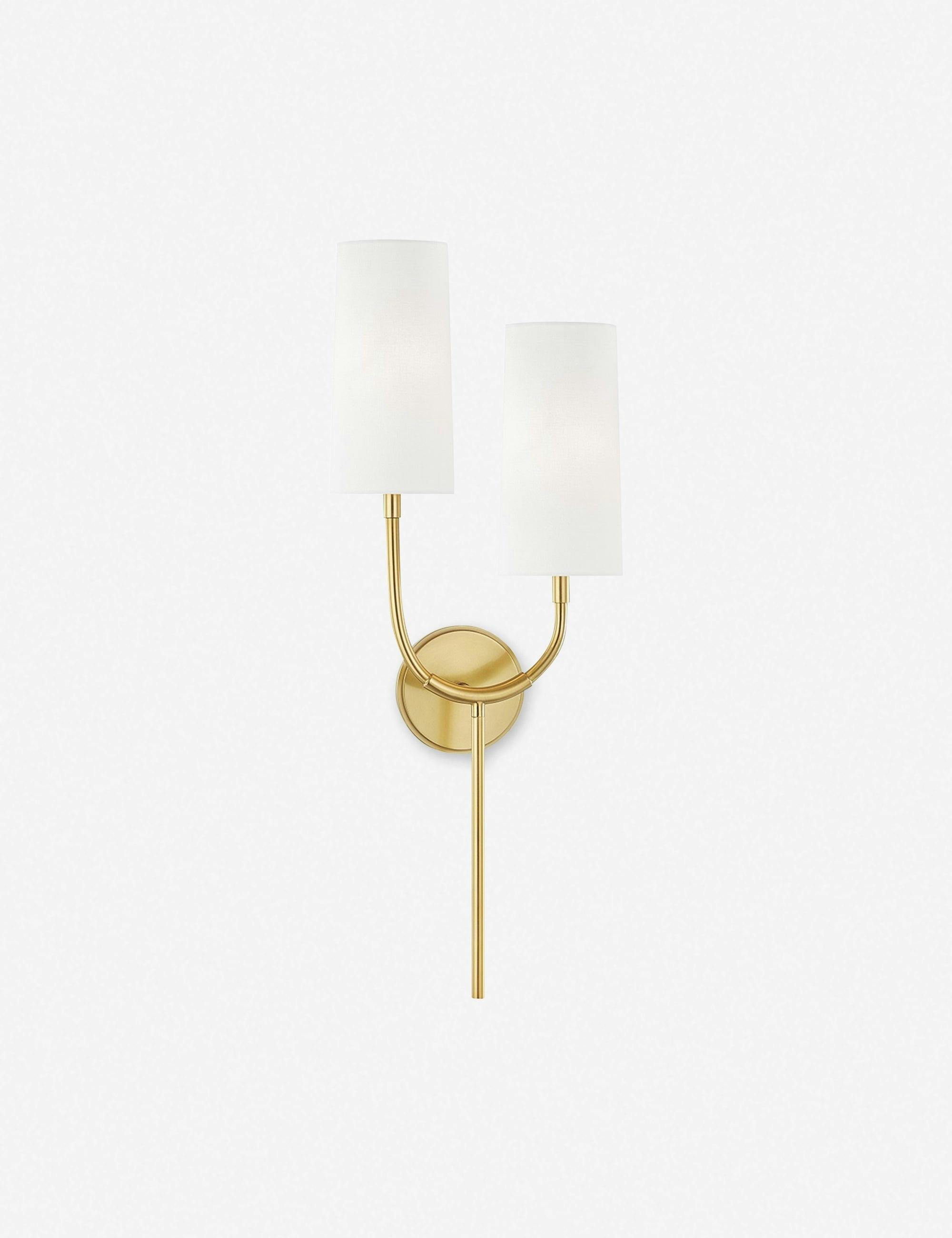 Elegant Aged Brass Dual-Light Wall Sconce with White Linen Shades