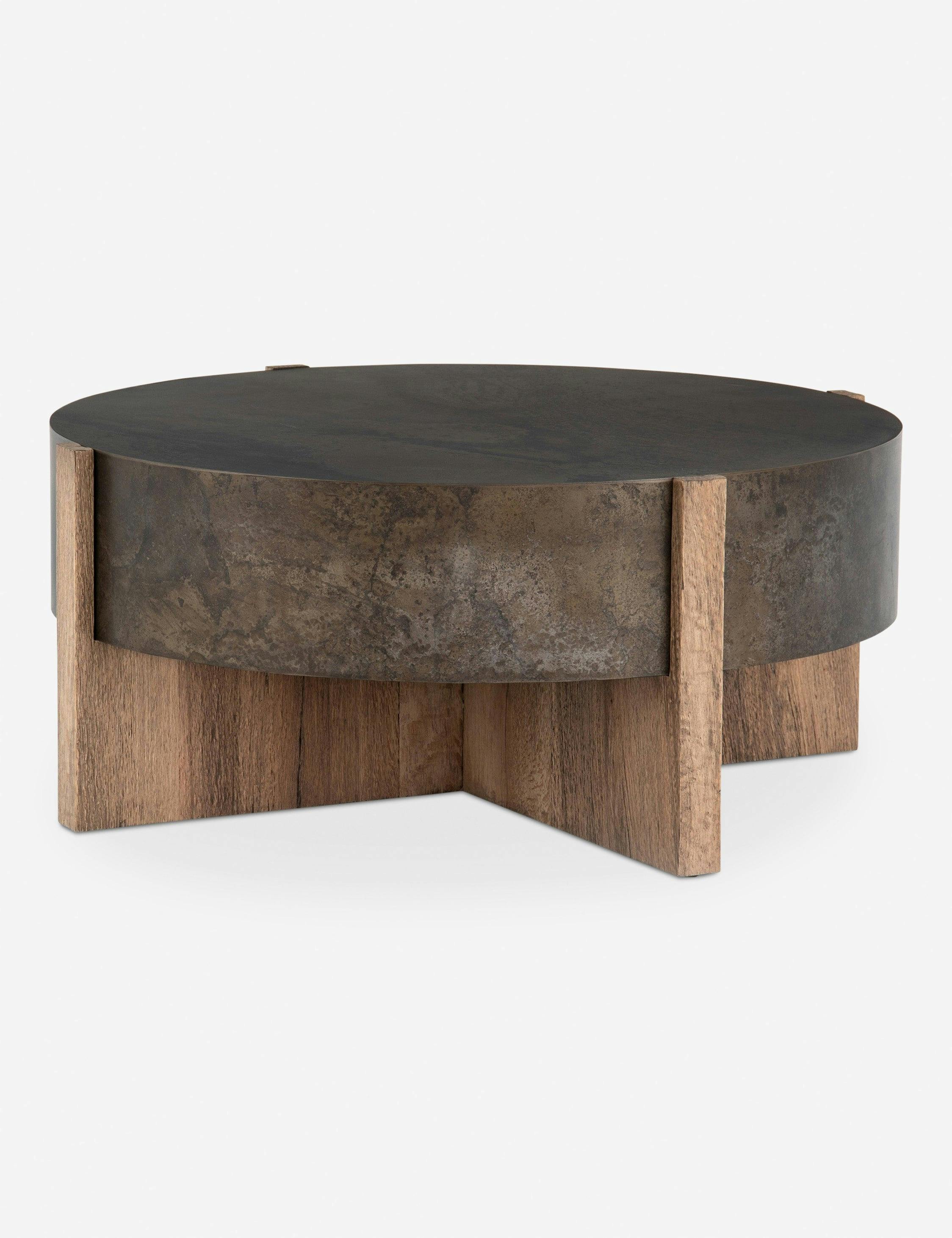Irminie Rustic Black Iron and Brown Oak Round Coffee Table