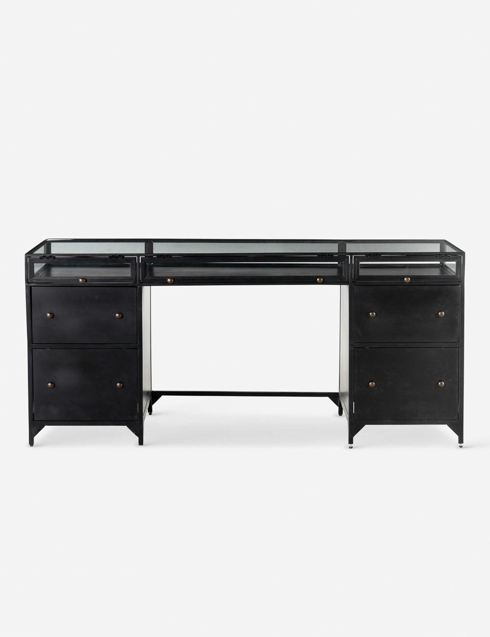 Sleek Black Executive Desk with Shadow Box Display and Filing Cabinet