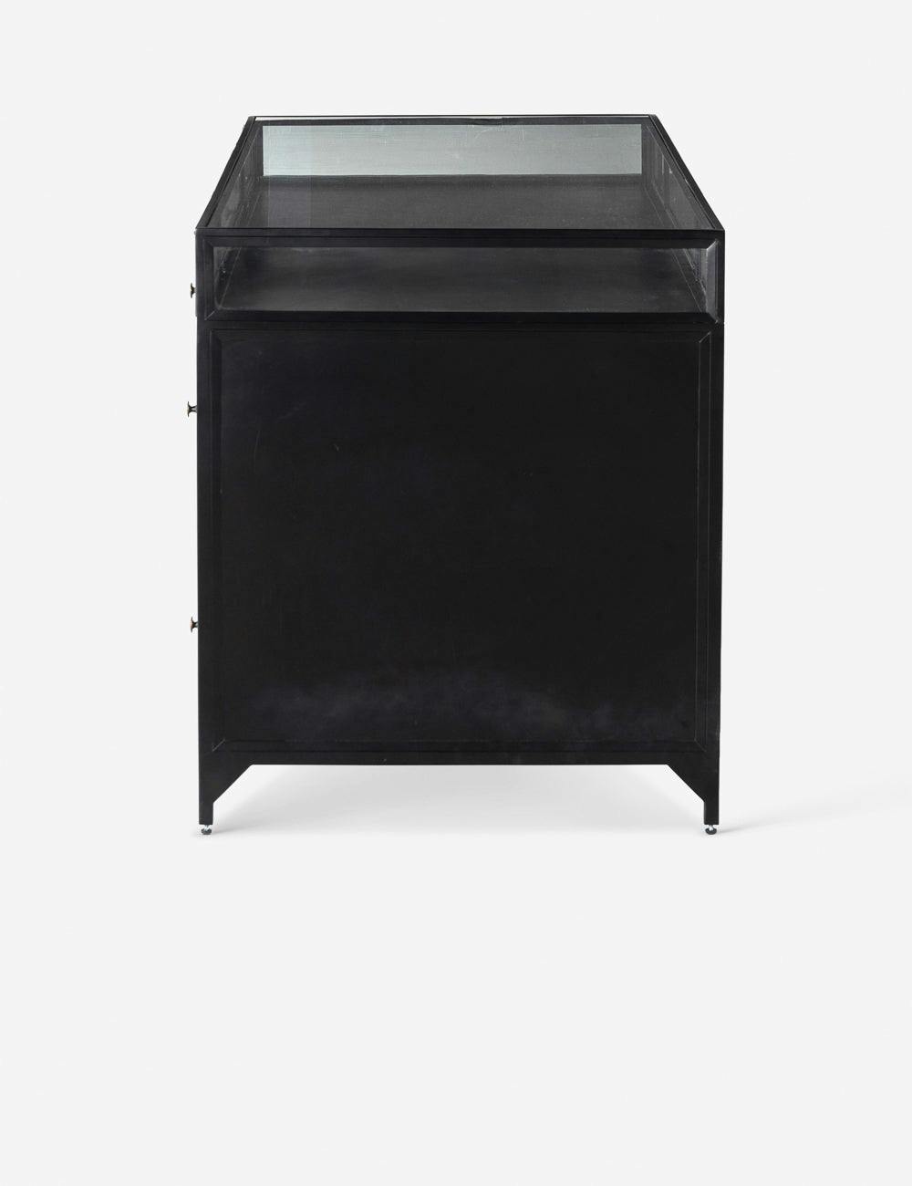 Sleek Black Executive Desk with Shadow Box Display and Filing Cabinet