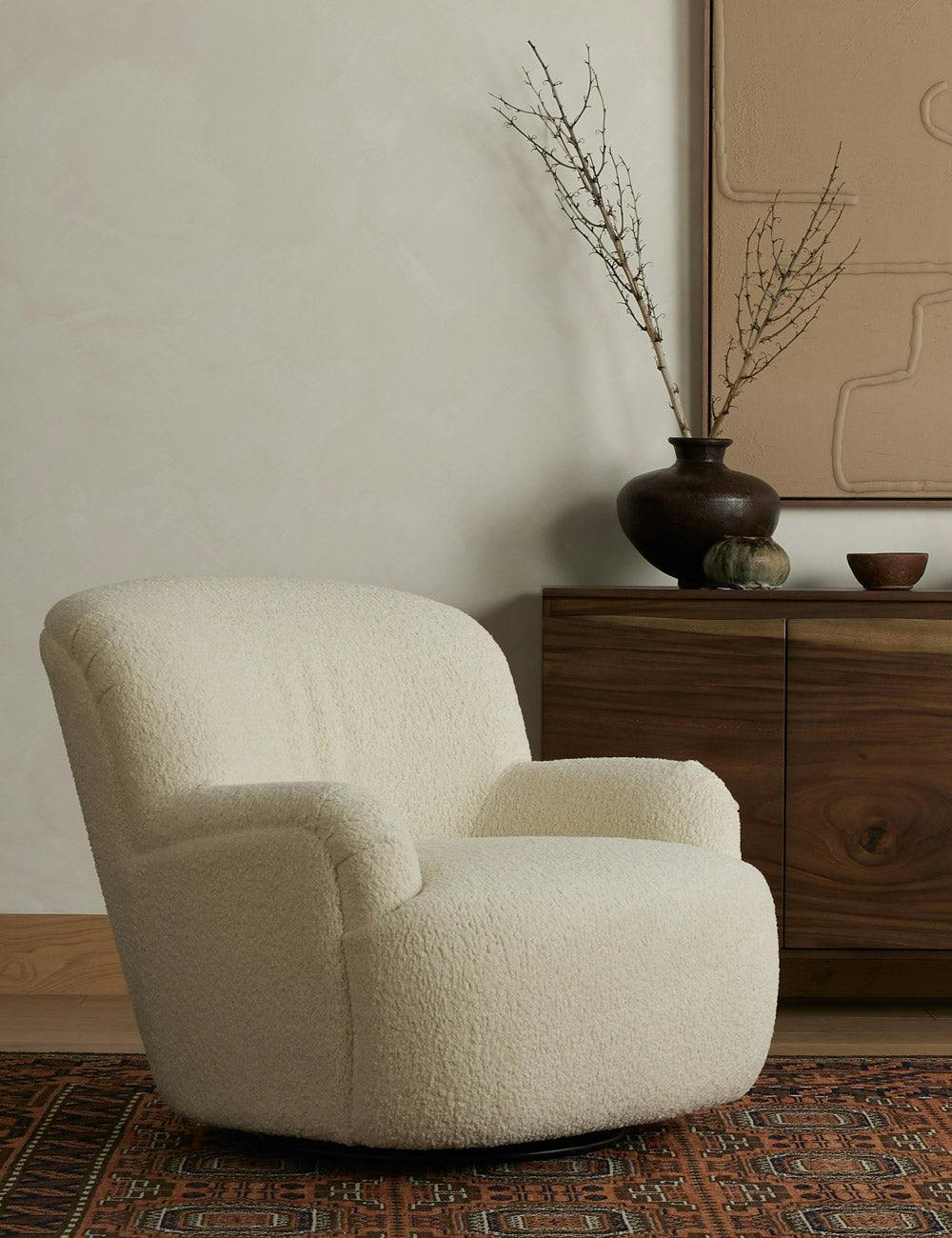 Kaden Modern Classic Cream Upholstered Boucle Brown Wood Wingback Swivel Arm Chair