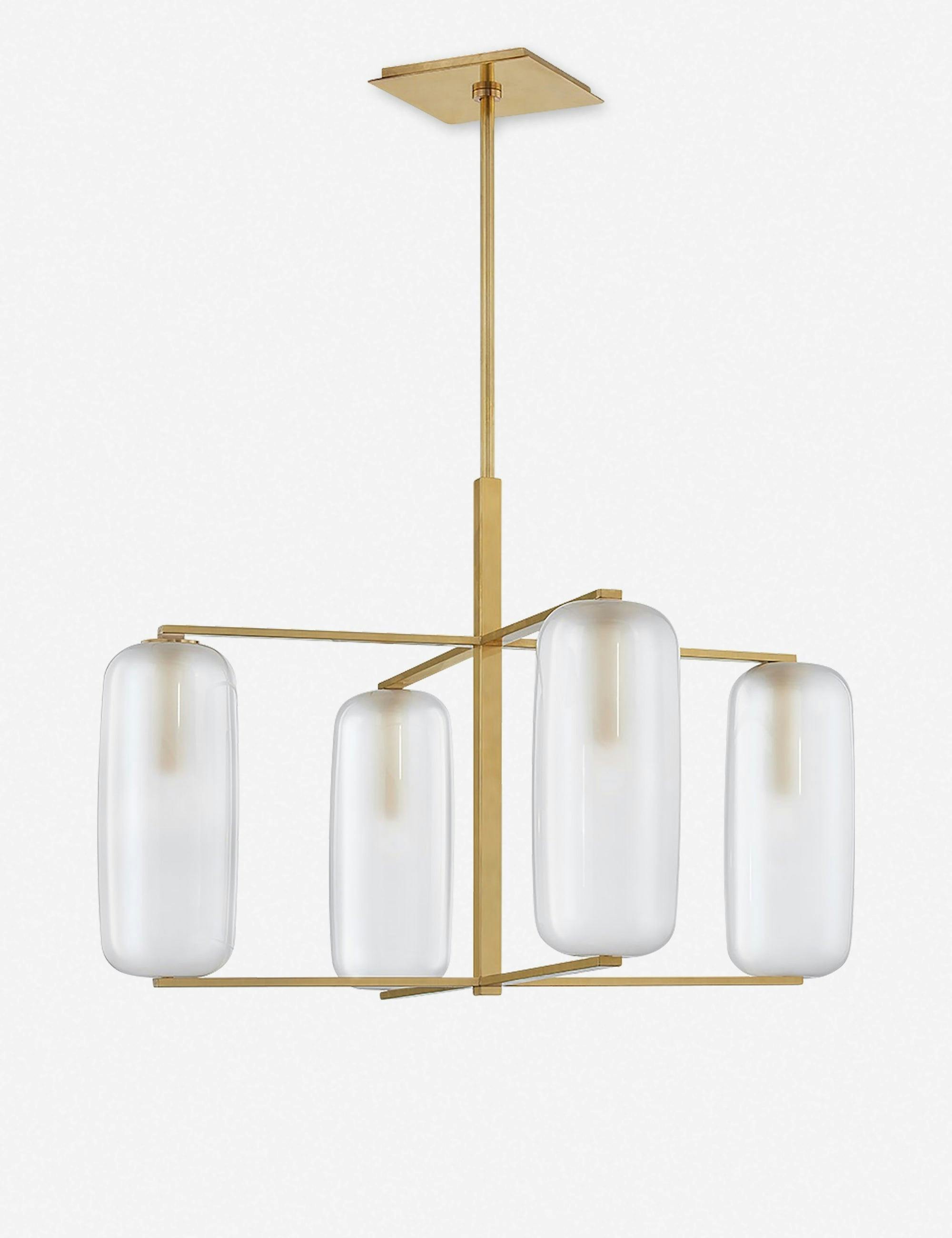 Aged Brass Capsule Chandelier with Clear Etched Glass Shades