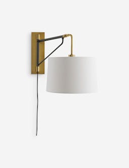 Anthony Wall Sconce, Plug, 1-Light Bronze,  Brass, White Linen Shade, 18"H