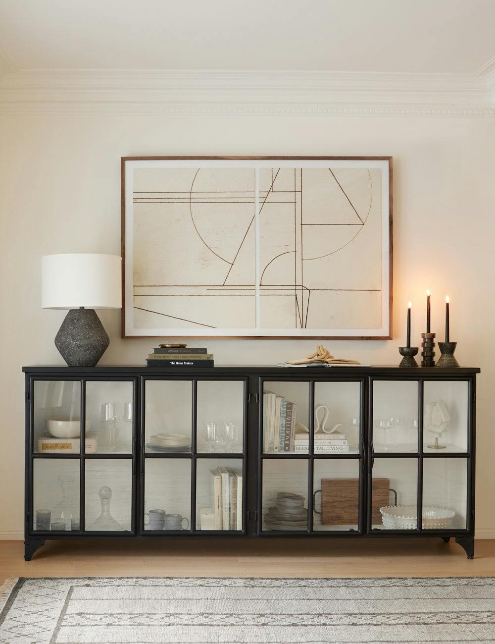 Marjorie 94.5" Black Iron and White Glass Industrial Sideboard