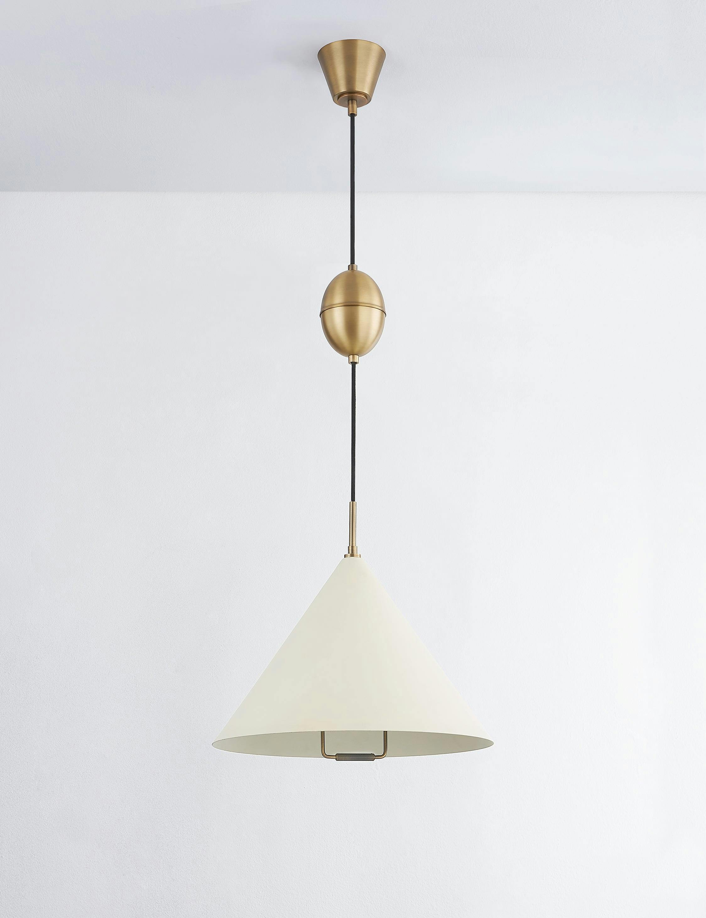 Maria Adjustable Pendant Light in Patina Brass with Soft Sand Shade