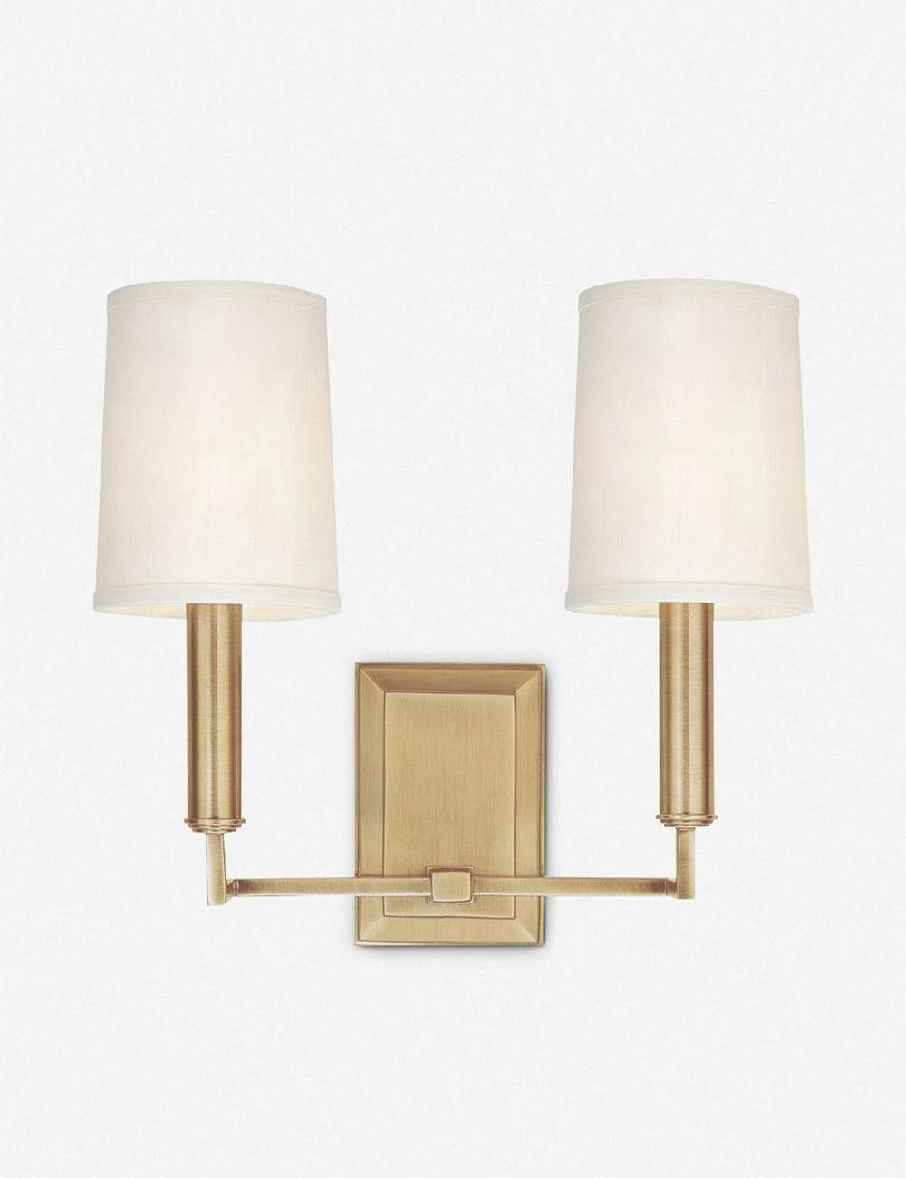 Charlie Dual-Arm Aged Brass Sconce with Off-White Parchment Shades