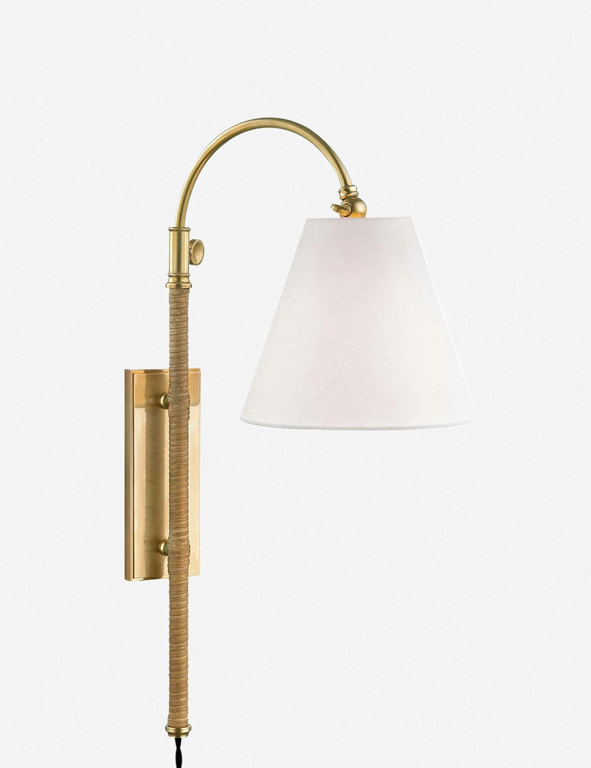 Avron Aged Brass Dimmable Plug-In Sconce with Linen Shade