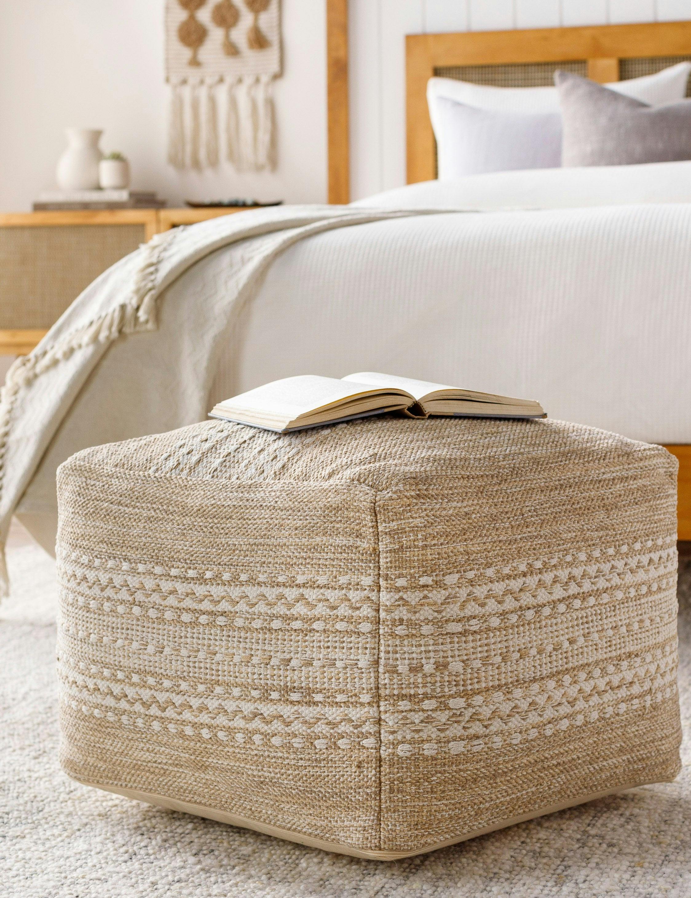 Orev Square Pouf - Beige and Ivory