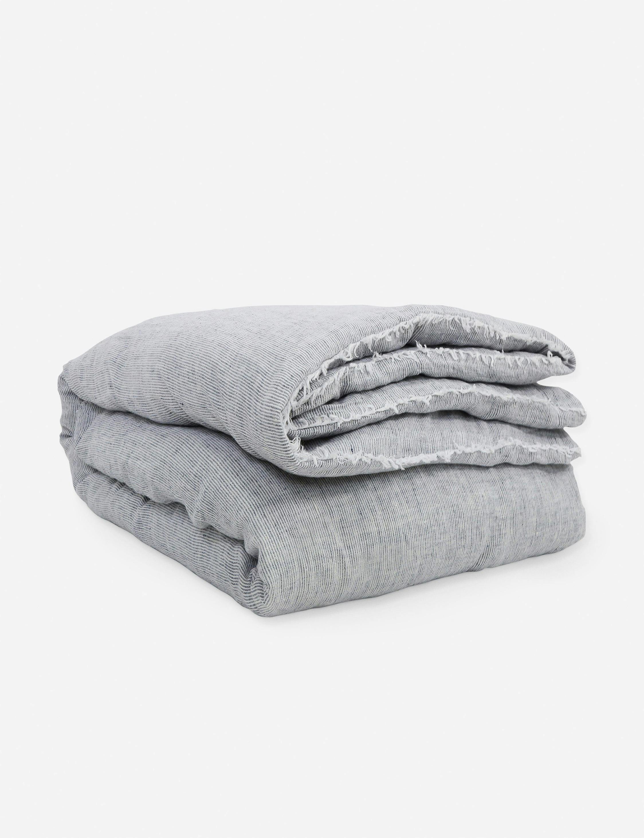 Logan Heathered Navy Linen King Duvet Cover with Frayed Edges