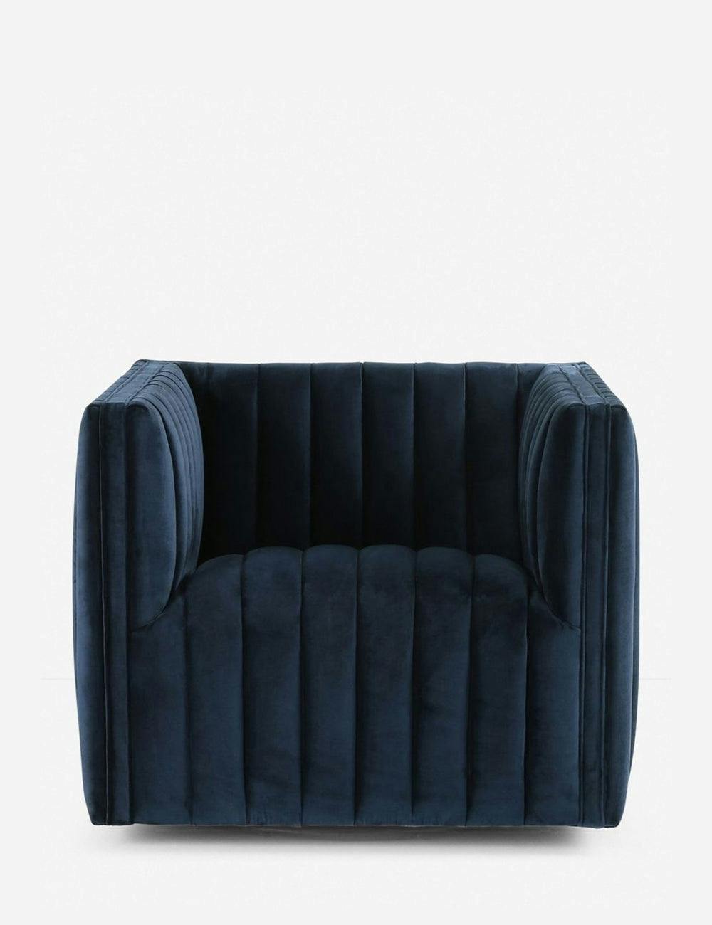 Sapphire Navy Luxe Leather Swivel Chair with Wooden Accents